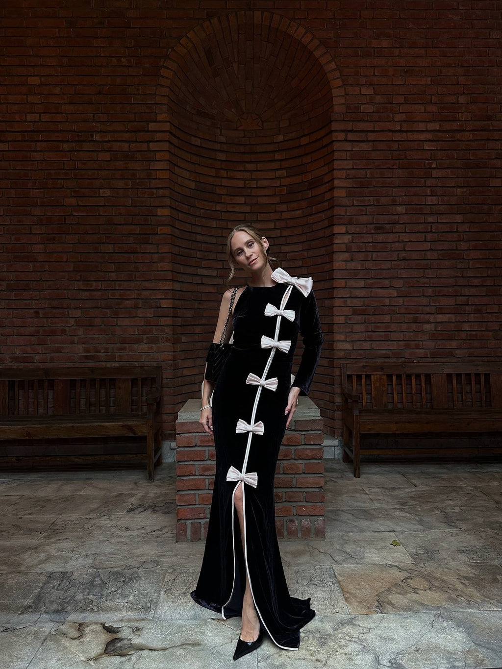 victoria Bow Cascade Velvet Maxi Dress in black Avalabel