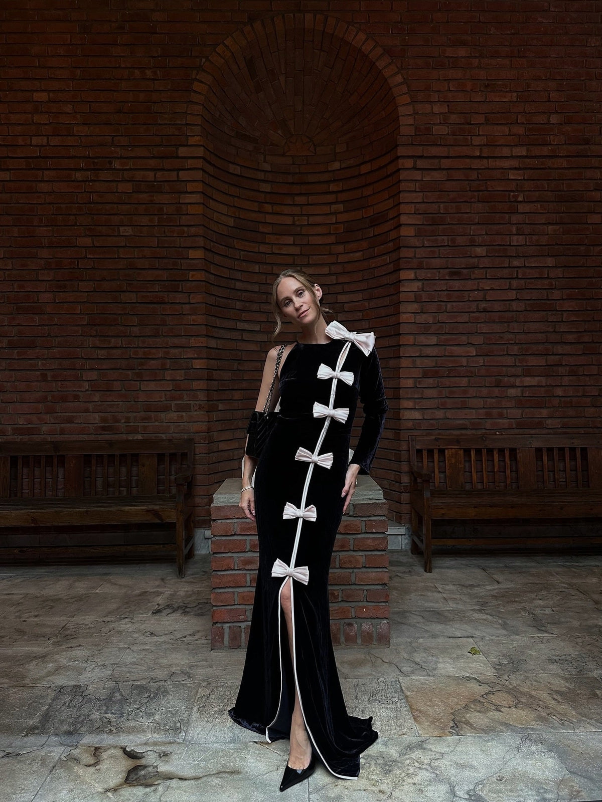 victoria Bow Cascade Velvet Maxi Dress in black Avalabel