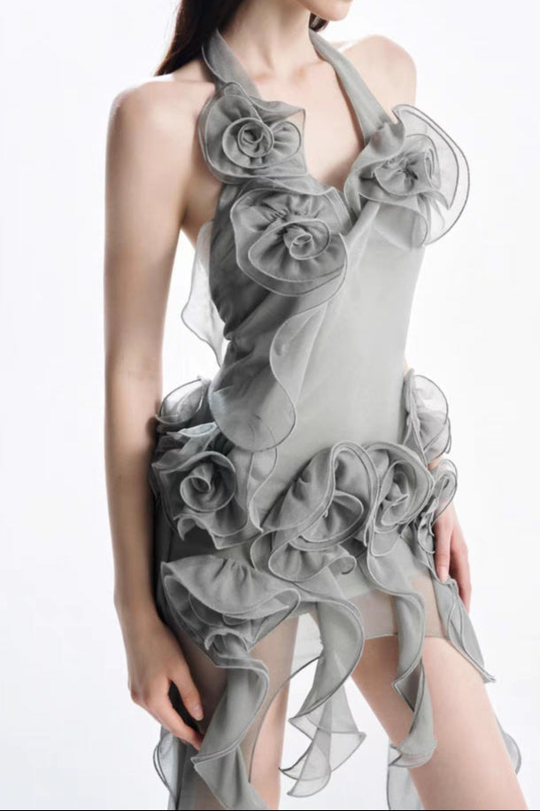 Melissa Grey Flower Asymmetric Folds Streame Mini Dress Avalabel