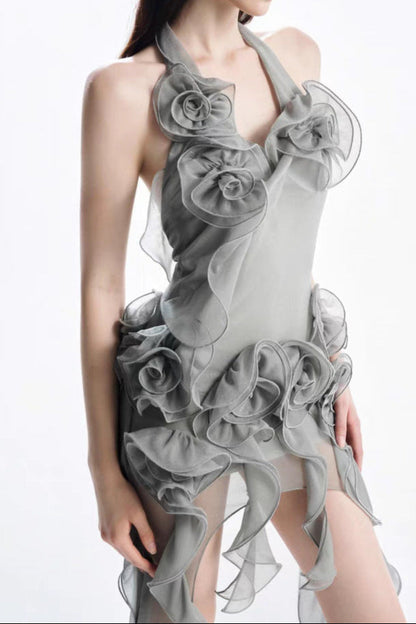 Melissa Grey Flower Asymmetric Folds Streame Mini Dress