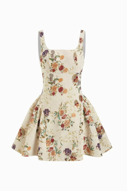 Jacquard Square Neck Floral Cropped Mini Dress