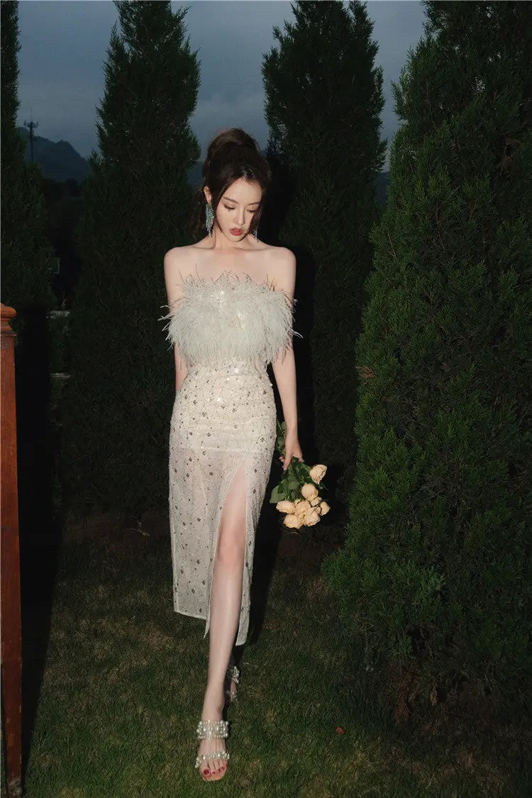 Masa White Haute Couture Feather Sequin Dress Avalabel