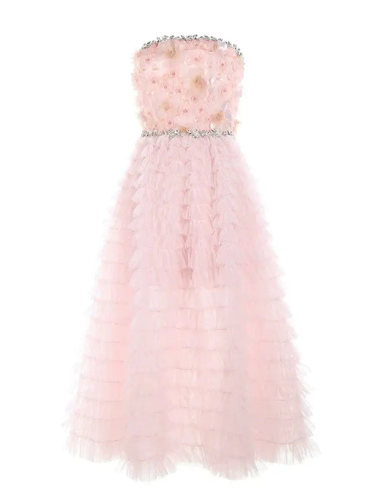Pink Princess layer ruffle midi floral Embroidery strapless Dress Avalabel