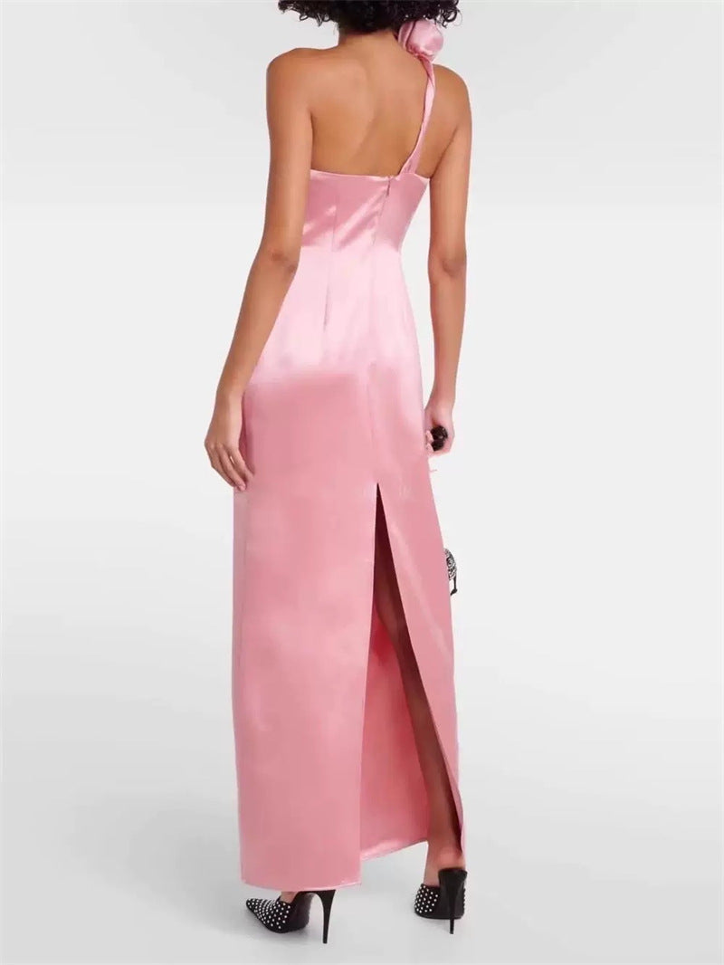 Yvonne One-Shoulder 3D Flower Satin Maxi Dress in Pink