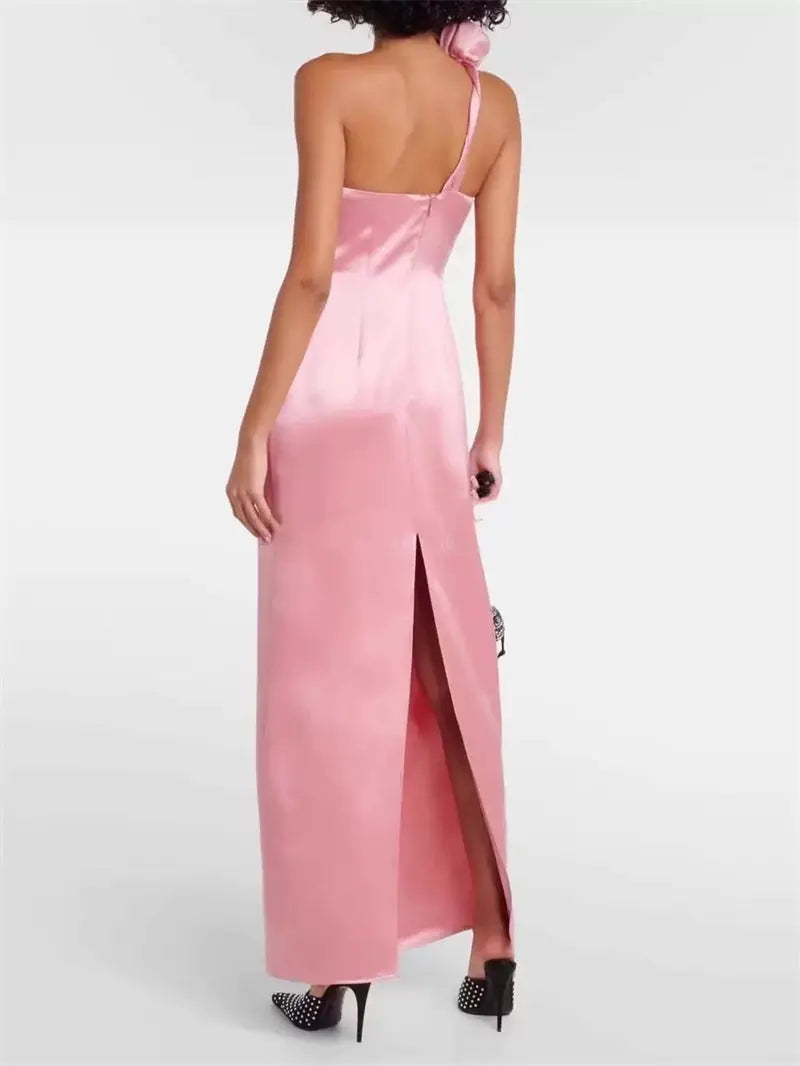 Yvonne One-Shoulder 3D Flower Satin Maxi Dress in Pink Avalabel