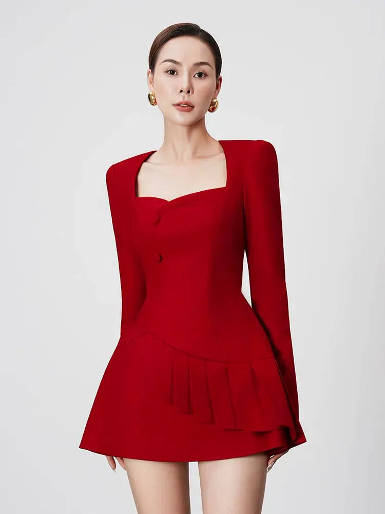 victoria red square neck long sleeve a-line mini dress Avalabel