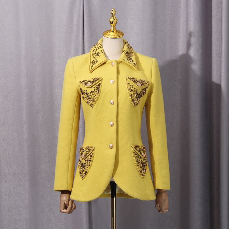 anila Studded Wool Fitted Single-Breasted Blazer in yellow Avalabel
