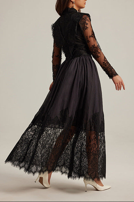 Lila Flowerr Lace Embroidery Maxi Dress Set in Black