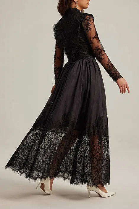 Lila Flowerr Lace Embroidery Maxi Dress Set in Black Avalabel