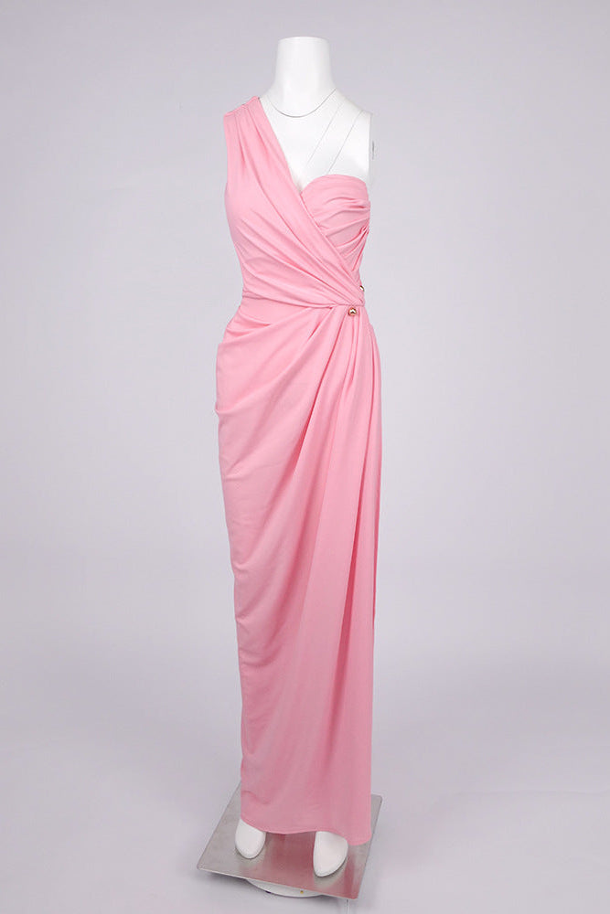 bess One-shoulder slant neck pleated maxi dress in pink Avalabel