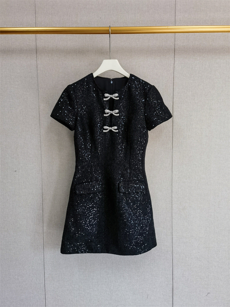 Janice Black Sequin Tweed Bow Mini Dress Avalabel