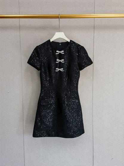 Janice Black Sequin Tweed Bow Mini Dress