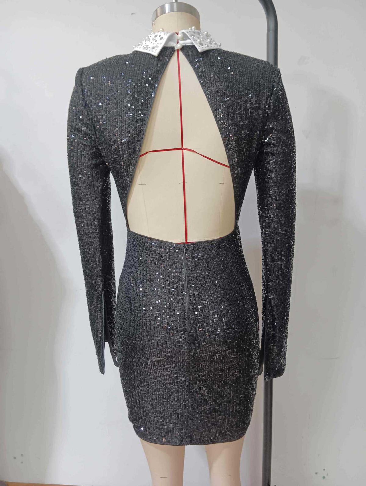wanda long sleeve sequin backless mini dress in black Avalabel