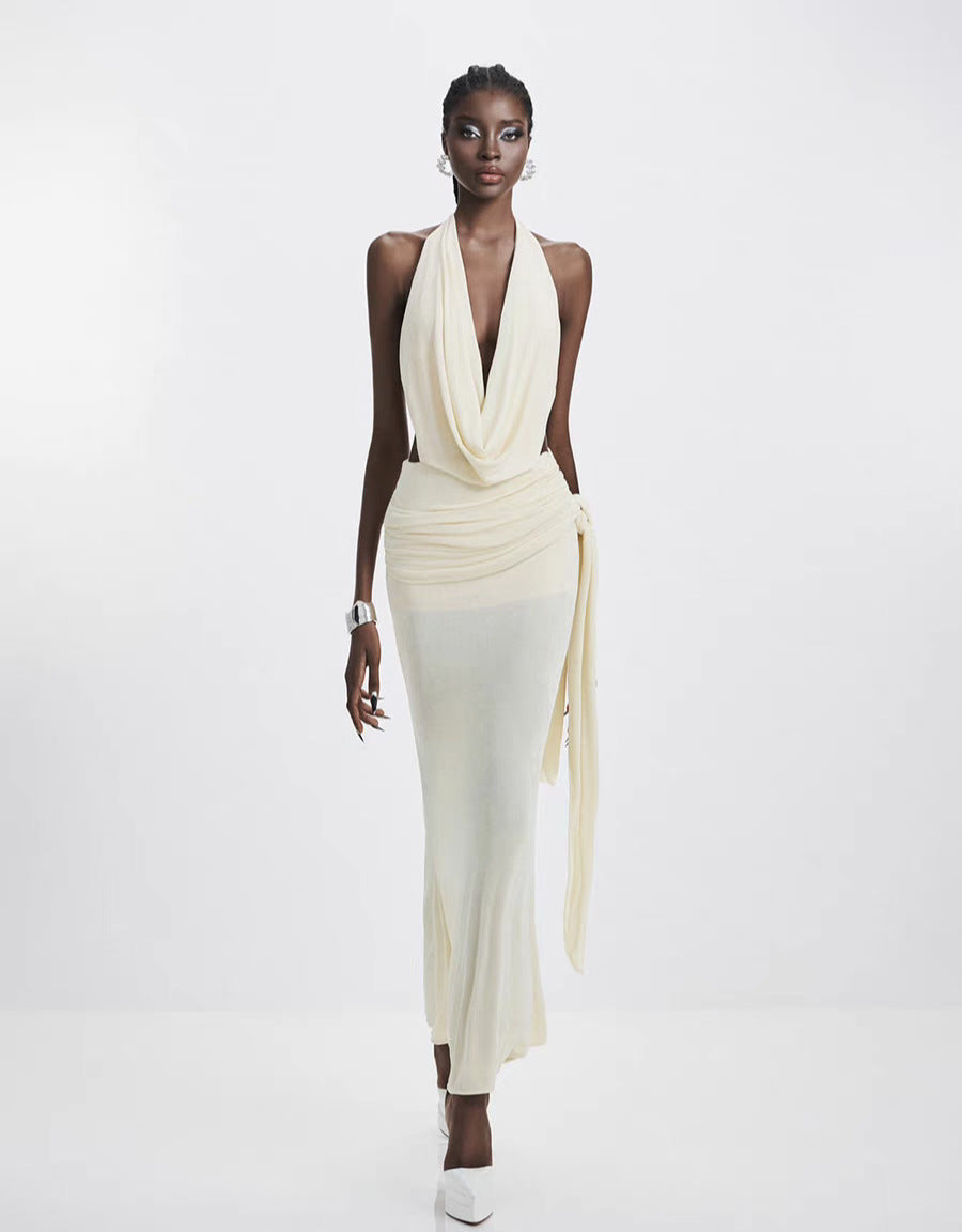 Carol Ruched Halter Bodycon Maxi Dress in White Avalabel