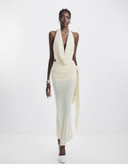 Carol Ruched Halter Bodycon Maxi Dress in White Avalabel