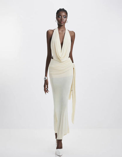 Carol Ruched Halter Bodycon Maxi Dress in White Avalabel