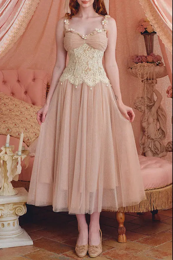 heloise lace mesh flower detail maxi dress in cream pink Avalabel