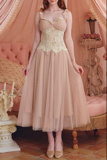 heloise lace mesh flower detail maxi dress in cream pink
