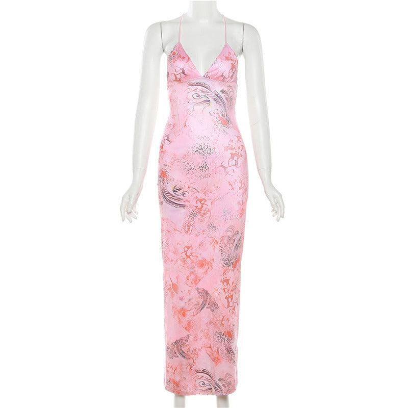 Printed Strappy Butterfly Backless Plunge Sheath Slip Maxi Dress Avalabel