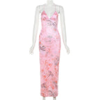 Printed Strappy Butterfly Backless Plunge Sheath Slip Maxi Dress Avalabel