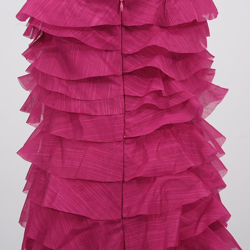 Cathy Pleated Layer Strapless Maxi Dress in Rose Red Avalabel
