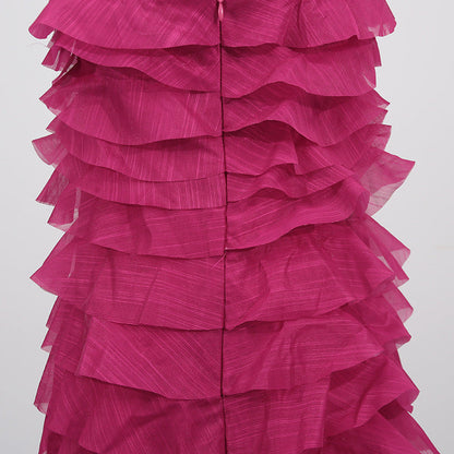 Cathy Pleated Layer Strapless Maxi Dress in Rose Red