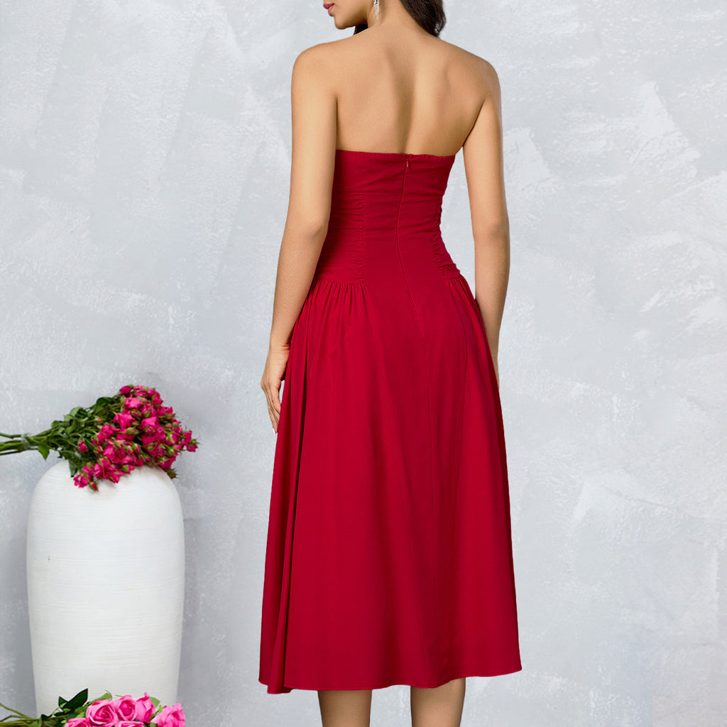 Strapless Side Ruched Flared Midi Dress poava