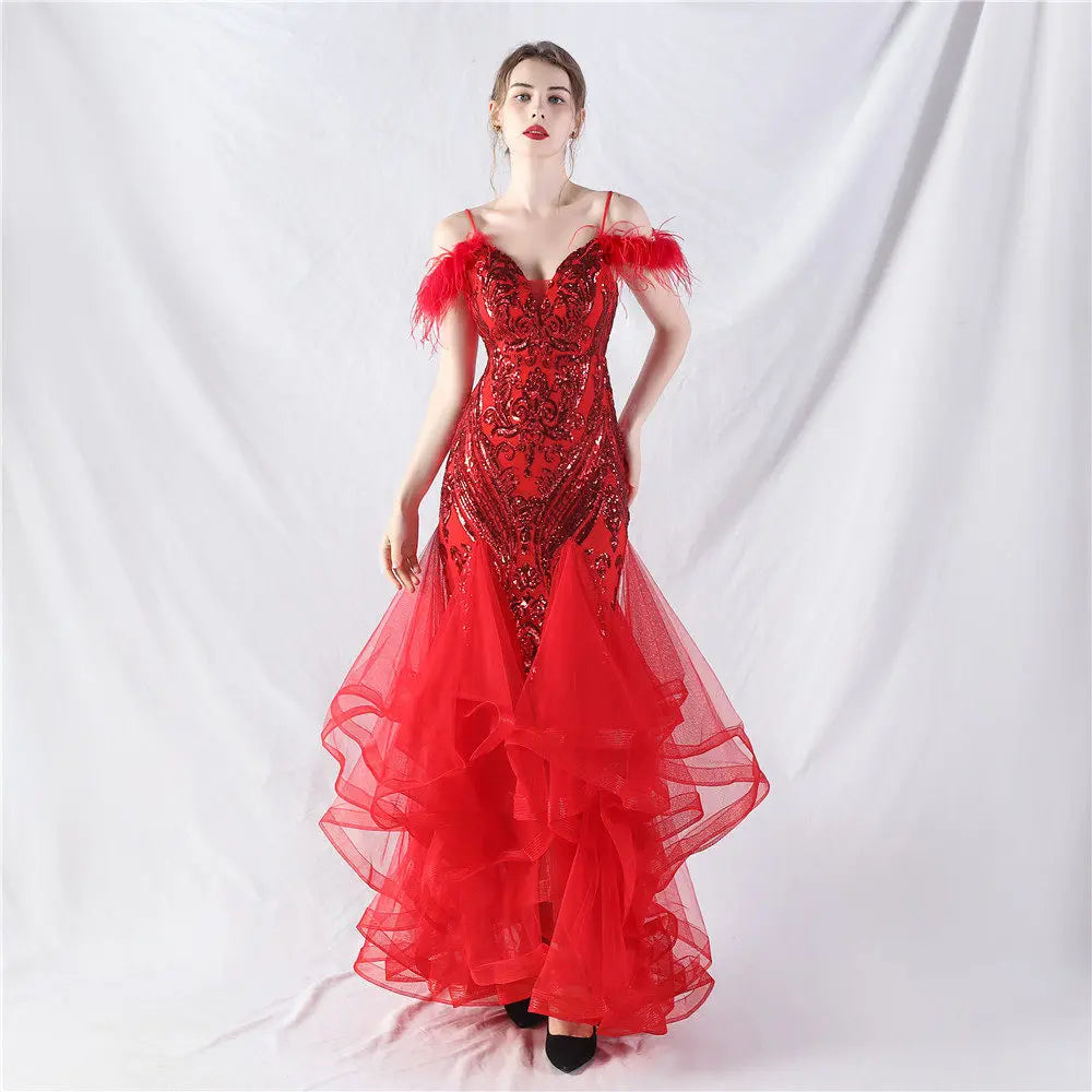 feather sequin strapless tulle maxi dress Avalabel