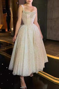 Square Neck Rhinestone Sequin Puffy Midi Dress - Silver Avalabel