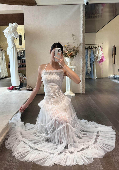 Hermosa Lace Splicing Layer Maxi Dress in White