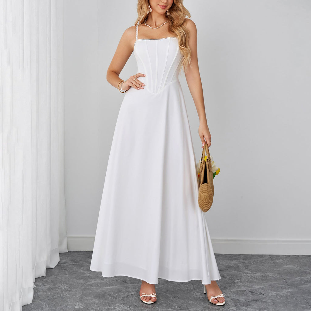 Lace Trim Corset Spaghetti Strap Flowy Maxi Dress poava
