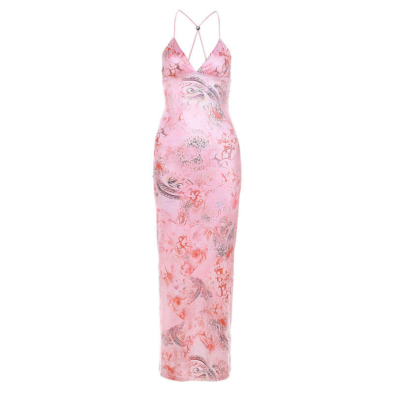 Printed Strappy Butterfly Backless Plunge Sheath Slip Maxi Dress Avalabel