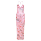 Printed Strappy Butterfly Backless Plunge Sheath Slip Maxi Dress Avalabel