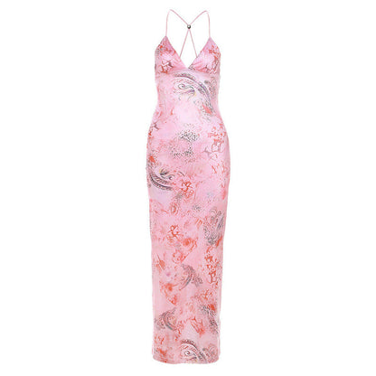 Printed Strappy Butterfly Backless Plunge Sheath Slip Maxi Dress