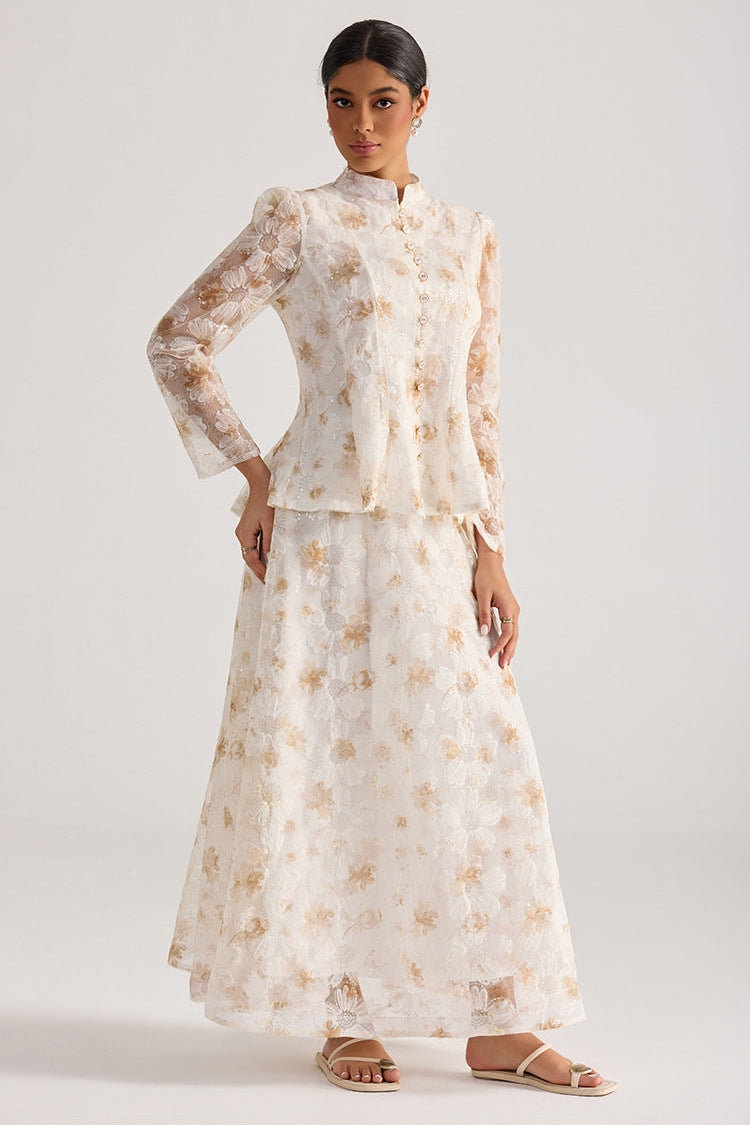 Rebecca Yellow Floral Embroidered Long-Sleeve Top Skirt Set