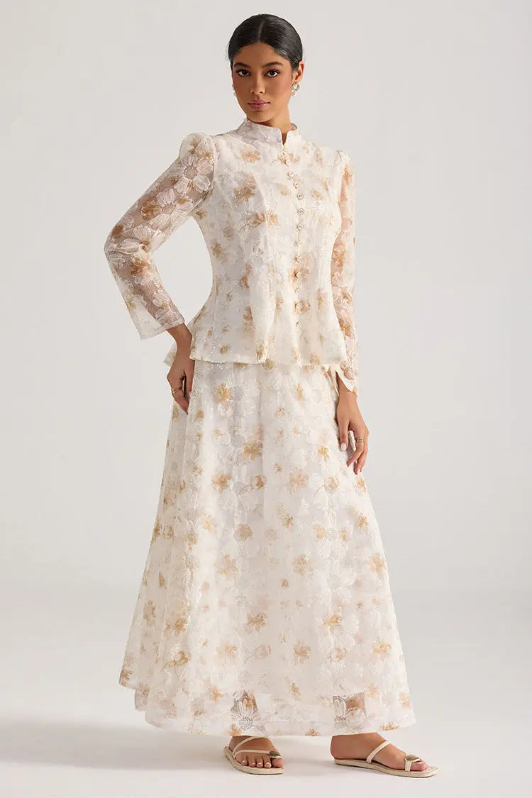 Rebecca Yellow Floral Embroidered Long-Sleeve Top Skirt Set Avalabel