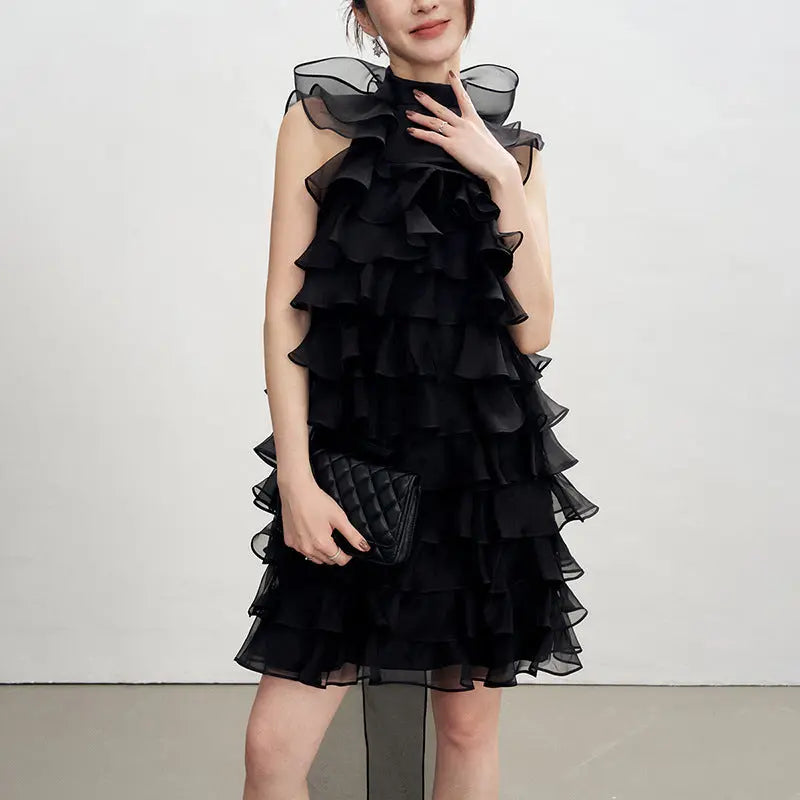 poppy Ruffle Silk Organza sleeveless Mini Dress in black Avalabel