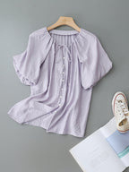 Gathered Drawstring Neck Dolman Batwing Short Sleeve Blouse poava