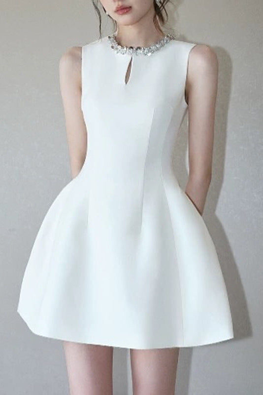 alyssa Round neck diamond sleeveless dress in white Avalabel