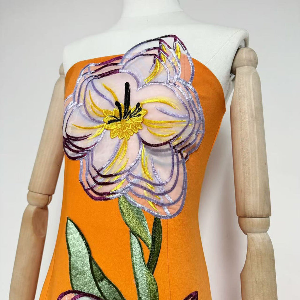 Suzanne Appliqué Floral Bustier Maxi Dress in Orange Avalabel