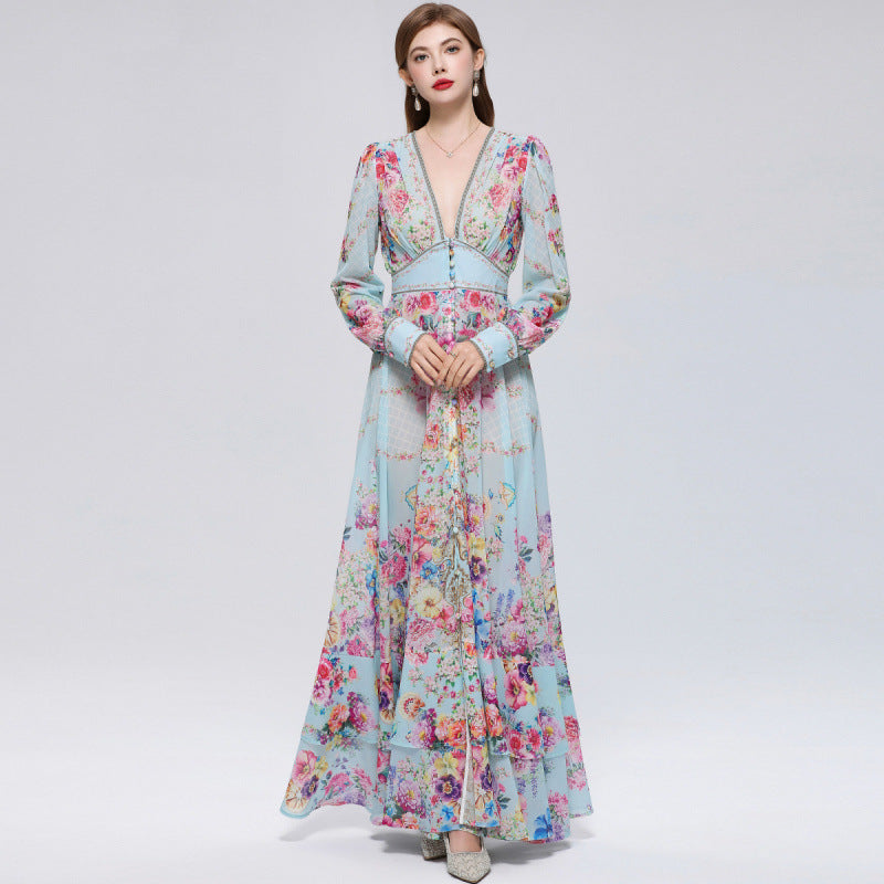Xaviera Chiffon Mesh A-Line Printed Maxi Dress Avalabel