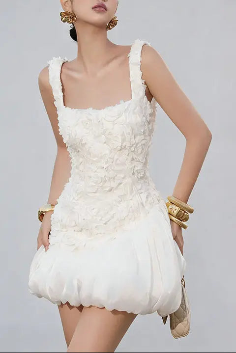 jocelyn flower embellished puffy mini dress in white Avalabel