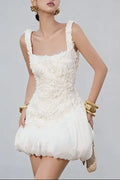 jocelyn flower embellished puffy mini dress in white Avalabel