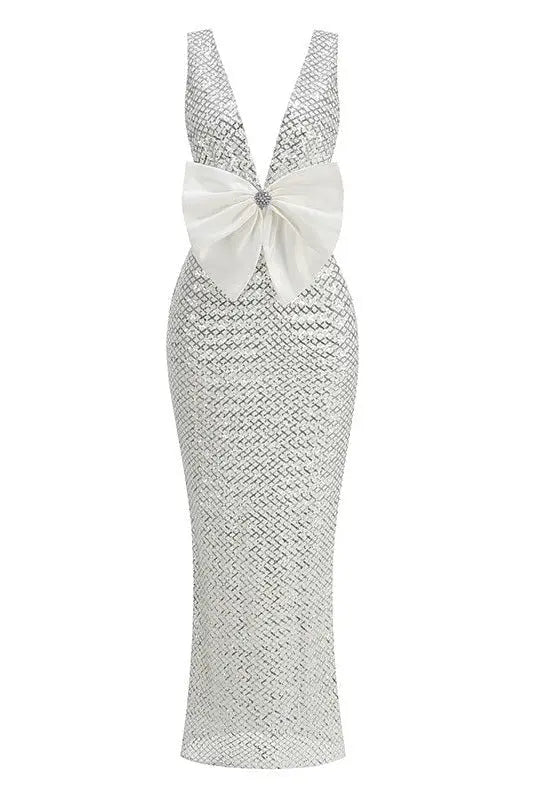 rebecca bow sequin embellished v neck maxi dress in silver Avalabel