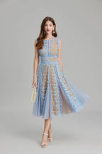 Phoenix 3D Embroidered Lace Mesh Midi Dress in Blue Avalabel