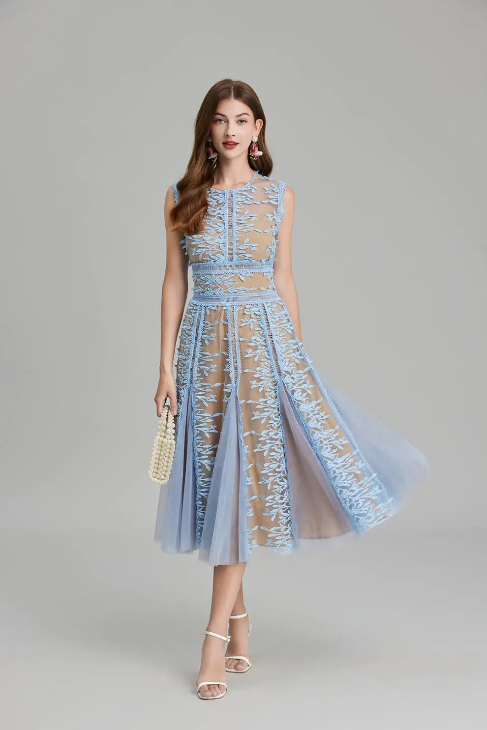 Phoenix 3D Embroidered Lace Mesh Midi Dress in Blue Avalabel