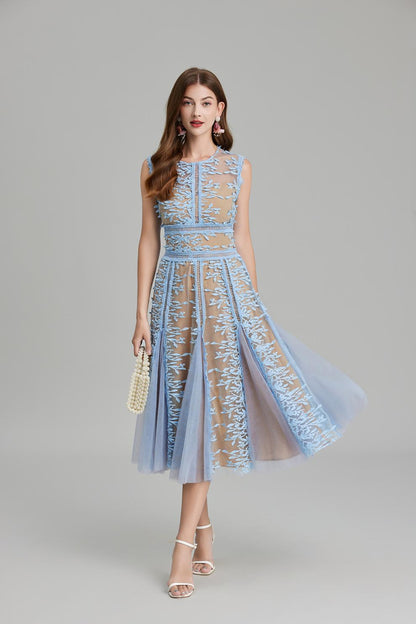 Phoenix 3D Embroidered Lace Mesh Midi Dress in Blue