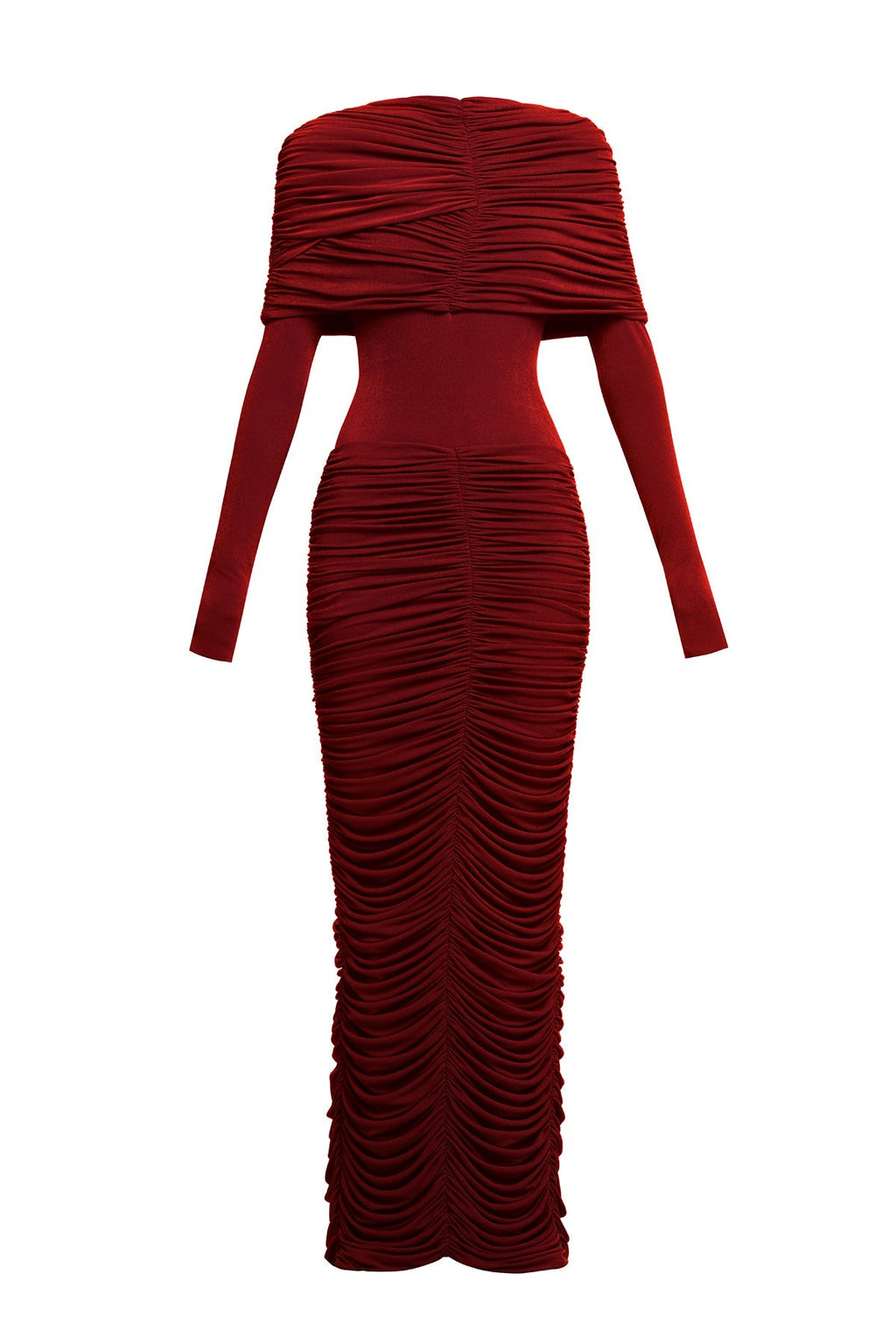 alice red pleated Form-fitting maxi dress with asymmetrical draped shoulder Avalabel