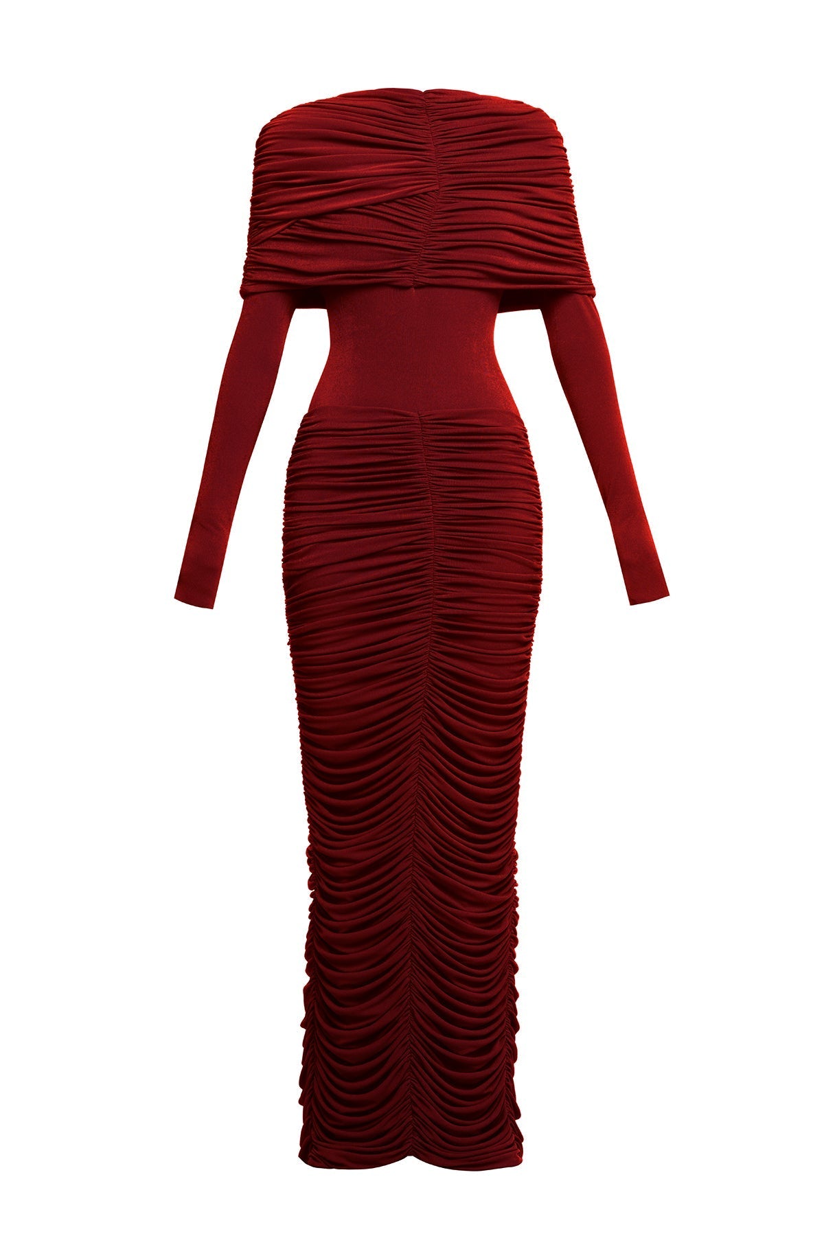 alice red pleated Form-fitting maxi dress with asymmetrical draped shoulder Avalabel