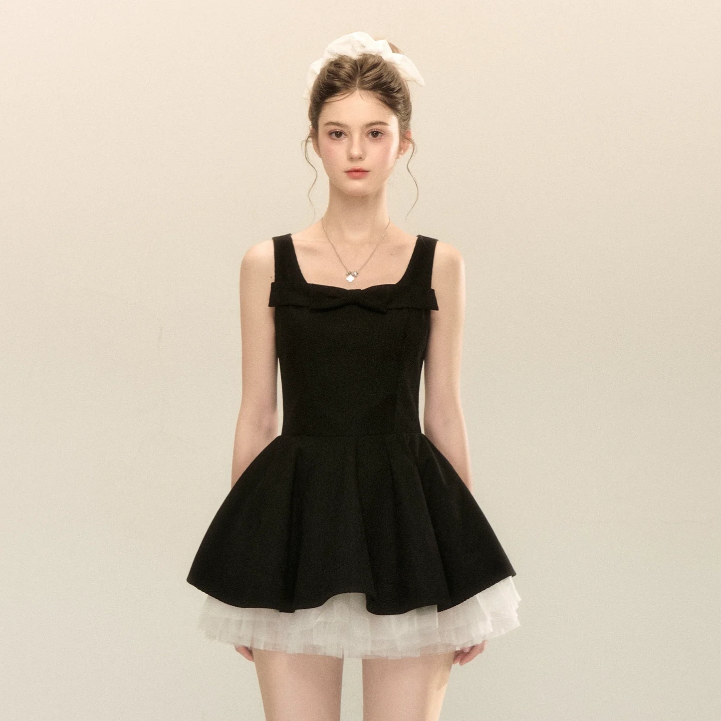 spliced mesh puffy mini dress